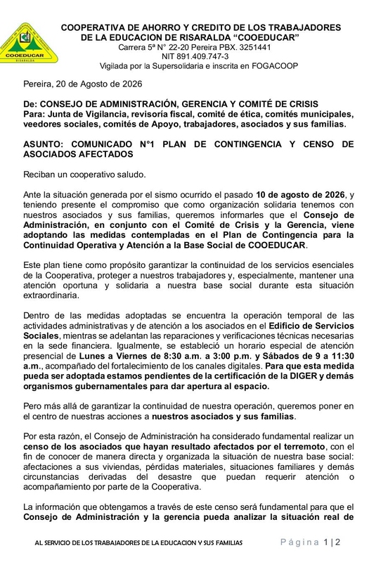 COMUNICADO N°1 PLAN DE CONTINGENCIA Y CENSO DE  ASOCIADOS AFECTADOS