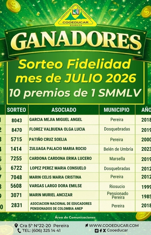 GANADORES SORTEO DE FIDELIDAD JULIO 2026